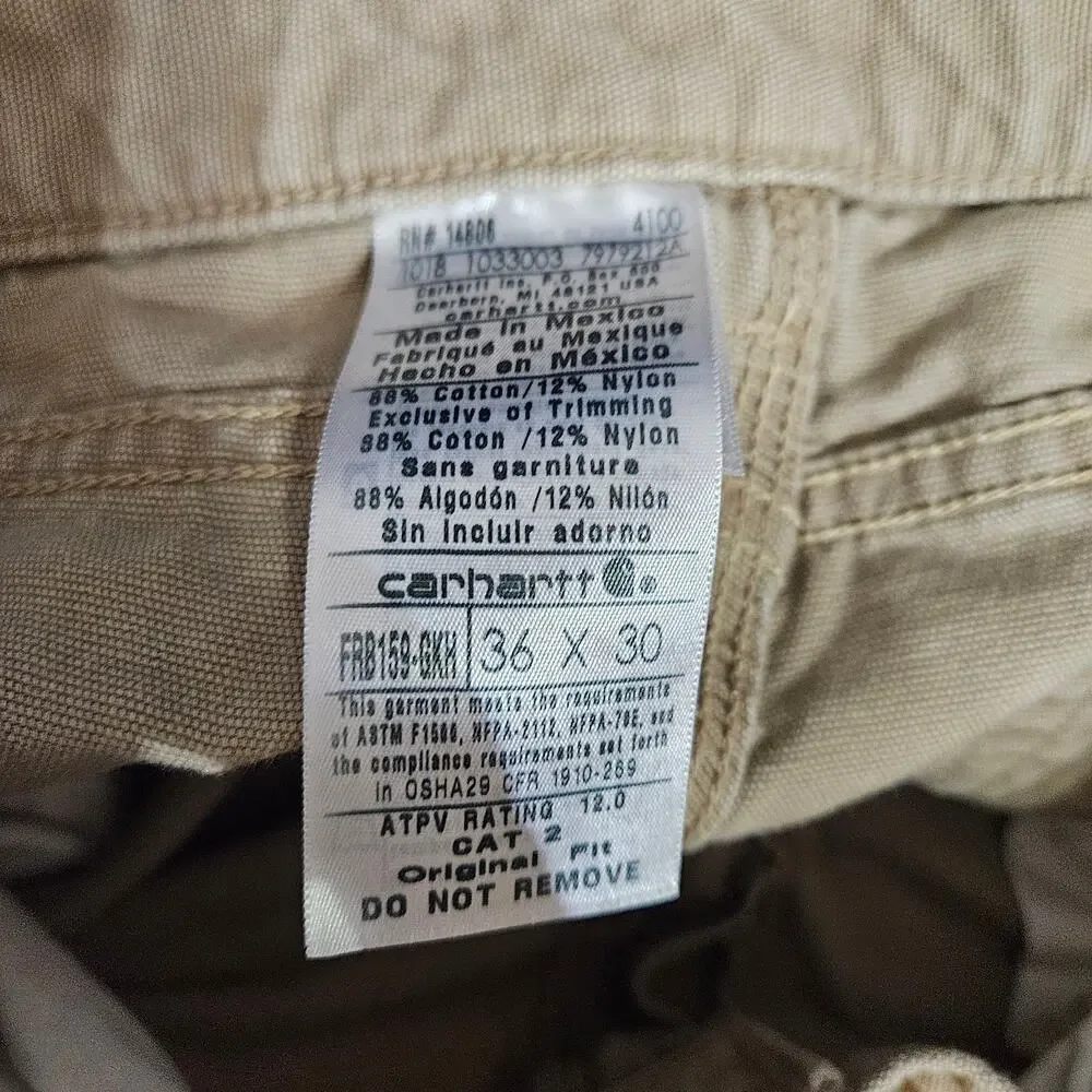Carhartt Cat 2 Original Fit Flame Resistant Khaki Work pants size 36 x 30